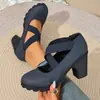 Zapatos Mary Jane con correa elástica transfronteriza para mujer, punta redonda, tacón grueso, suela gruesa, boca poco profunda, tacones altos retro, venta al por mayor