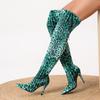 Europeu e Americano Novo Estilo Colorido Contrastante Bico Fino Emagrecendo a Perna Acima do Joelho Elástico Botas Super Salto Agulha Estampa de Onça Tamanho Grande Botas Femininas