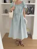 Foto Real de Vestido de Estilo Coreano Suave con Volantes, Escote Amplio, Mangas Abullonadas, Falda de Longitud Media, Nueva Moda Verano 2026