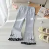 Pantalones Casuales de Niña para Primavera y Otoño, Moda Infantil Elegante Estilo Coreano Bloque de Color Encaje Lazo Puntos Pantalones Acampanados