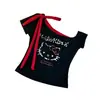 Nueva camiseta de verano dulce con estampado de gatito y lazo, manga corta, con almohadilla incorporada en el pecho, cómoda, ajustada, top versátil para mujer