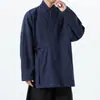 Top Hanfu para hombre estilo Ming con cuello mandarín y manga larga, corte holgado, talla grande, túnica larga estilo chino, abrigo casual para otoño e invierno