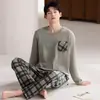 Pijama masculino 100% algodão para primavera e outono, manga longa, calça longa, gola redonda, estilo casa confortável, pode ser usado fora, conjunto de roupa para casa