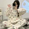 Pijama de Flanela Quente Outono e Inverno para Mulheres Inverno Coral Fleece Desenho Animado Fofo Conjunto de Pijama para Casa