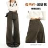 Calça Jeans Wide Leg Patchwork Cor de Café para Mulheres, Novo Design Primavera e Outono 2026, Calça Reta de Cintura Alta Falsa Duas Peças Comprimento Total