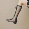 Botas Longas de Renda com Cadarço e Tela Vazada Chuyuji para Mulheres, Botas de Cano Alto Finas de Verão, Exquisitas e Elegantes, Salto Grosso, Bico Redondo