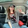 Camiseta de Algodón Puro con Diseño de Estampado de Gato para Mujer, Aspecto Adelgazante, Estilo Bf Novio, Gris, Longitud Media, Top Holgado que Cubre la Barriga