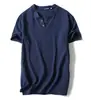 Camiseta de Lino Japonés de Manga Corta Estilo Nuevo Verano 2026 para Hombre de Algodón y Lino Manga Media Color Sólido Talla Grande Camiseta de Dos Botones