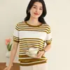 Camiseta base de punto de algodón puro a rayas para mujer, estilo nuevo de verano, manga corta, cuello redondo, top pullover a rayas holgado con hombros normales
