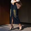 Saia Jeans Yuyuan Estilo Europeu e Americano Novo, Versátil, Slim Fit, com Fenda, Saia Longa para Mulheres, em Estoque, Fornecimento Direto, Múltiplas Cores Disponíveis