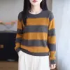 Suéter de rayas con bloques de color para mujer, nuevo estilo otoño e invierno 2026, terciopelo agradable a la piel, cuello redondo, manga larga, bloques de color, top de corte holgado