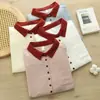 Cardigan Feminino de Gaze Dupla com Gola Color Block, Botões Múltiplos, Manga Longa, Estilo Artístico Simples, Nova Coleção Primavera 2026