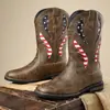 Nuevas Botas de Caballero Europeas y Americanas Tacón Grueso Costuras de Cuero Botas de Cuero para Hombre Invierno Talla Grande Botas con Patrón de Bandera Americana