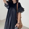 En Stock Verano 2026 Nuevo Estilo Rakuten Ins Japonés-Coreano Holgado Estilo Perezoso Plisado Patchwork Manga Acampanada Vestido Largo para Mujer