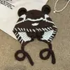 Gorro de Lana con Cordones de Oso de Dibujos Animados Lindo Cálido para Otoño e Invierno para Mujer, Gorro de Punto Pequeño Versátil que Muestra la Cara, Gorro Protector para las Orejas