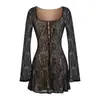 Vestido Sexy de Renda Estilo Corte Francês com Decote Quadrado, Clavícula Exposta, Gancho de Cintura Alta Emagrecedor, Saia de Manga Sino Transparente