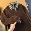 Estilo Old Money Patrón Espiga de Trigo Sudadera Falsa de Dos Piezas para Hombre Otoño Tejido de Punto Patchwork Cuadros Hombro Estándar Americano Camiseta Interior Polo
