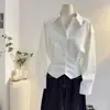 Camisa blanca de manga larga para mujer, estilo coreano, engrosada y forrada de forro polar, de cintura ceñida corta, nuevo diseño de otoño e invierno, elegante y con estilo para ir al trabajo