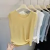 Chaleco tejido de seda de hielo azul con cuello redondo estilo coreano para mujer, nuevo top sin mangas versátil y elegante de algodón blanco para la moda de verano
