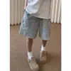 Shorts de Gaze Xadrez Azul Masculino Feminino Verão Secagem Rápida Capris Estilo Preguiçoso Calças de Praia Preto