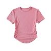 Camiseta Curta de Manga Curta Ajustada com Pregas e Gola Redonda Pequena Estilo Europeu e Americano Feminina Verão 2023 Nova Cor Sólida Top Cropped Curto