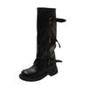 Botas Longas Franzesas de Salto Grosso Plataforma com Fivela de Cinto Franzidas 2025 Nova Doce Cool Picante Menina Botas Empilhadas Botas de Cavaleiro