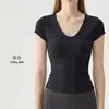 Camiseta de Yoga de Secado Rápido para Mujer, Manga Corta, Ajustada, Ceñida a la Cintura, Cuello en V, Top para Exteriores, Correr, Entrenamiento, Fitness