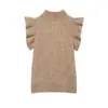 Roupas Femininas Estilo Europeu e Americano Ins Moda Celebridade da Internet Casual Lã Camada Decorativa Colete Cor Sólida Tricô Sem Mangas Acabamento com Babados