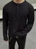 Camiseta Negra de Cuello Henry de Manga Larga para Hombre en Otoño Estilo Coreano Camisa para Capas Internas Marca de Moda Sudadera Pesada de Cuello Redondo
