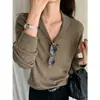 Suéter de Punto de Manga Larga Color Marrón Té con Cuello de Canalé Estilo Old Money para Mujer, Otoño, Impresionante y Holgado Adelgazante