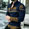 Camisa casual de manga longa com lapela, tamanho europeu, estampada em 3D, corte solto, para homens, camisa color-blocking, disponível para atacado a partir de uma peça