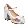 Comercio Exterior Tacones Cuadrados Estampados Gruesos Talla Grande 40 Boca Baja Zapatos de Salón Suela Gruesa Zapatos de Mujer 48 Zapatos Elegantes Lazo Blanco