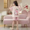 Pijama Infantil Conjunto de Roupa de Casa Pijama Infantil Meninas Manga Curta Shorts Conjunto de Duas Peças Verão Desenho Animado Algodão Puro Fino