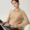 Suéter 100% Caxemira Pura Feminino Gola Polo Pulôver Malha Resistente Botão Flor Solto Emagrecedor Camada Base Roupa Íntima Suéter