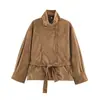 Fábrica de origen de ropa para mujer transfronteriza AliExpress venta caliente moda cuello alto manga larga con cinturón textura gamuza chaqueta abrigo