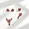 Conjunto de Quatro Peças de Colar, Brincos, Anel e Pulseira de Cristal Vermelho e Azul de Alta Qualidade Europeu e Americano Transfronteiriço com Banho de Ouro Rosa para Mulheres