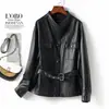 Chaqueta de Oveja Curtida al Vegetal Inspirada en Celebridades para Mujer, Cuello Alto, Ceñida a la Cintura, Chaqueta de Cuero Adelgazante, Abrigo para Commuter, Tallas Grandes al por Mayor
