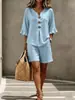 Conjunto de Dos Piezas para Mujer de Comercio Exterior Transfronterizo Europeo y Americano: Nuevo Top Casual de Botones con Cuello en V y Mangas de Tres Cuartos con Volantes y Pantalones Cortos