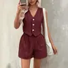 Conjunto de Duas Peças Estilo Europeu 2026 para Mulheres Tamanhos Grandes Roupas Femininas Conjunto de Colete com Botão Cor Sólida para Mulheres Cáqui Preto