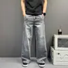 Jeans preto unissex estilo retrô americano com lavagem e patchwork, calças de perna larga, calças compridas retas folgadas com efeito de caimento