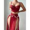 Top sexy de malla con ballenas y flores tridimensionales para mujer hecho a medida de fábrica, falda de cadena de perlas, bragas y conjunto de lencería