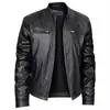Chaqueta de cuero para hombre de alta calidad 2024, corte ajustado, cuello mao, decoración de bolsillo con cremallera, cuero biker para hombre, cuero