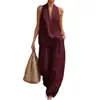 Roupas Femininas Independentes Primavera/Verão 2026 Amazon Aliexpress Cor Sólida Gola Halter Decote V Sem Mangas Conjunto Casual Estilo Férias