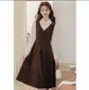 Vestido de Pana Estilo Academia Patchwork Manga Larga Cuello Polo Mujer Otoño Invierno Falso Dos Piezas Petite Falda de Línea A Media Longitud
