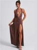 Elegante Vestido Brillante de Seda con Cuello en V y Pliegues para Mujer Verano 2025 Nuevo Sexy Sin Espalda con Abertura Vestido Ajustado