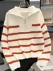 Suéter de Punto con Cremallera a Rayas de Bloques de Color de Comercio Exterior Otoño e Invierno para Mujer, Estilo Retro Perezoso, Abrigo de Suéter, Moderno y Versátil