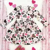 Vestido infantil de manga longa com gola redonda e estampa de coração, estilo europeu e americano, para primavera e outono, Dia dos Namorados, roupas infantis ins