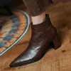 Primera Capa Piel de Vaca Tacón Grueso 7cm Botas de Moda Otoño Nuevo Piel Genuina Punta Aguda Cremallera Trasera Botines de Tacón Alto Botines Cortos para Mujer