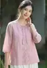 Nova Blusa Bordada de Algodão e Linho para Primavera e Verão para Mulheres, Top Soltinho de Gola Redonda e Manga Curta, Estilo Retrô Artístico, Camisa Respirável e Confortável