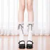 Meias de renda Lolita com cano alto para primavera e outono com fita de laço meias de cano alto estilo ballet branco meias de cano médio jk